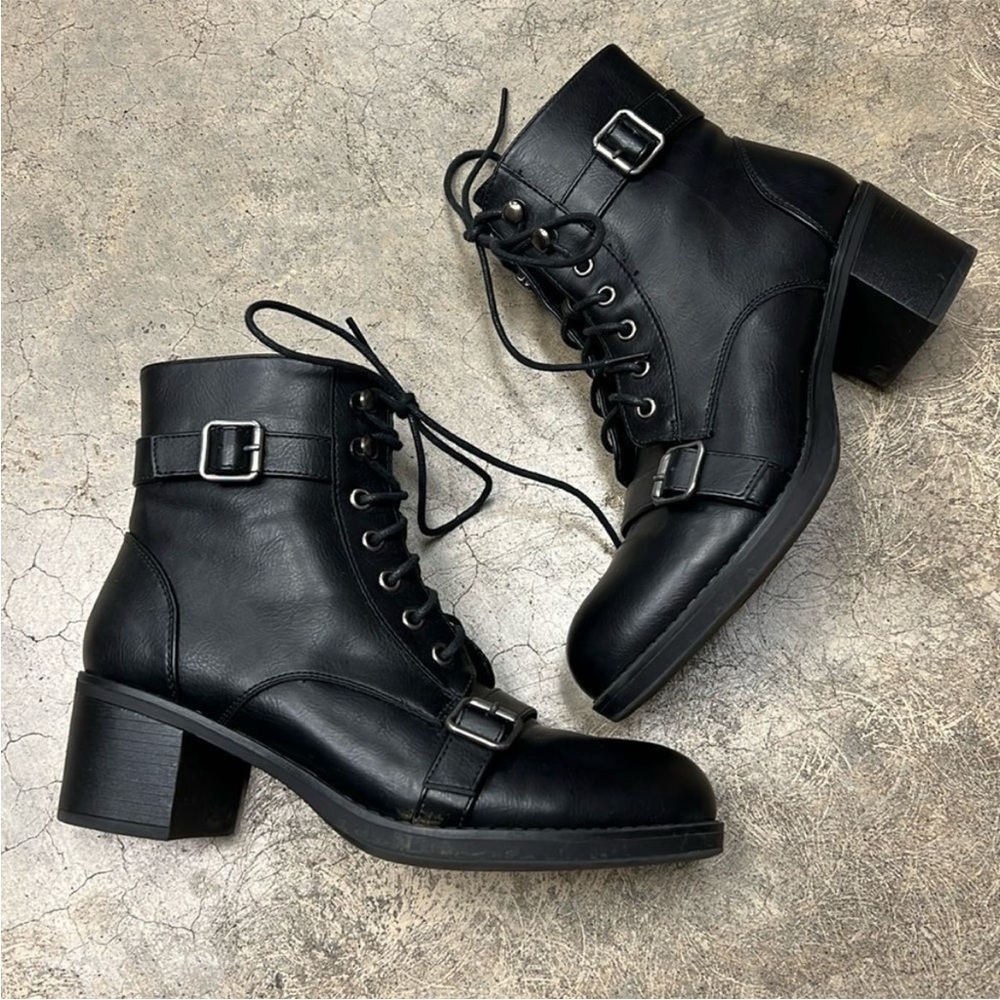 Lace-Up Ankle Booties with Two Buckles